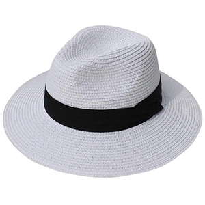 Classic Panama style woven straw hat with black grosgrain ribbon for beach vacation