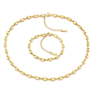 Ensemble collier et bracelet en acier inoxydable doré 18K avec maillons grains de café