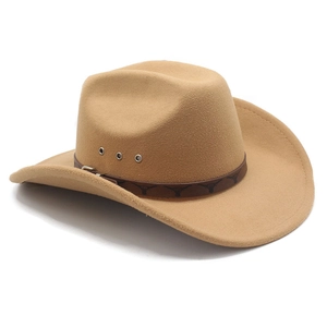 Detail of camel wool cowboy hat featuring bull head leather band and metal ventilation eyelets