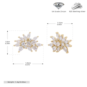 Detailed specs of gold flower earrings in S925 sterling silver with zircon inlays