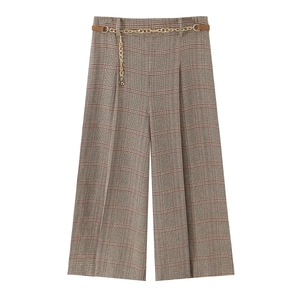 Plaid wide-leg trousers in brown-grey with golden chain belt decoration
