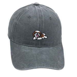 Vintage dark grey washed cotton baseball cap with cute puppy dog embroidery