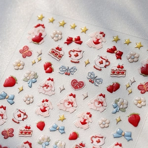 Autocollants 3D givrés pour ongles avec motifs de lapins mignons et fraises