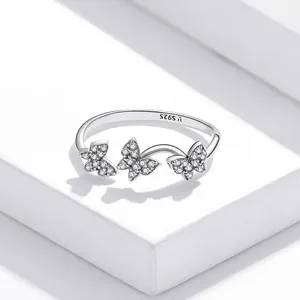 Elegant S925 sterling silver butterfly open ring with sparkling white cubic zirconia stones