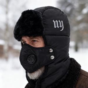 Winter thermal trapper hat with face mask and faux fur lining for outdoor snow activities