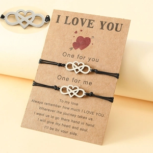 Stainless Steel Infinity Heart Couple Bracelets Hand Woven Wax Rope Adjustable Relationship Bracelet Set With Card For Lovers