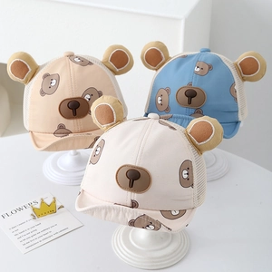 Breathable baby summer baseball caps with cartoon bear ears and mesh panels in three colors