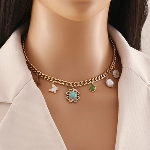 Multi Charm Necklace Stainless Steel Flower Butterfly Heart Faux Artificial Pearl Gemstone Vintage Boho Jewelry For Women