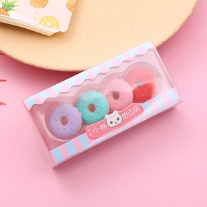 Cute cartoon donut eraser set with four colorful pieces in a clear gift box packaging