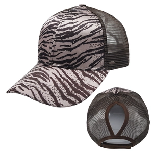 Detail of zebra print baseball cap with breathable mesh and ponytail hole back design