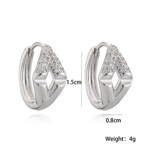 Silver geometric earrings with white zircon accents and size measurements details