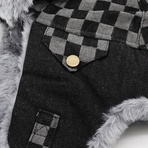 Winter bomber hat with black twill fabric, grey faux fur lining and plaid trim details
