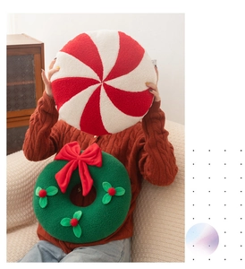 Christmas plush candy and wreath throw pillow set for festive home and cafe decor.