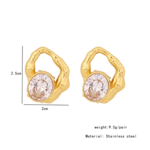 Detail view of irregular gold earrings with stainless steel material and size specifications