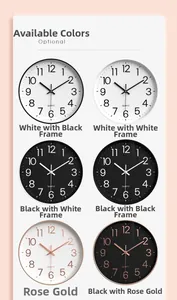 Matrix display of modern 30cm silent wall clocks in six color and finish options