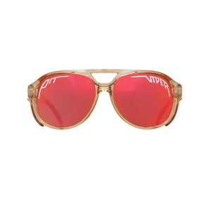 Polarized Pit Viper sports sunglasses with amber frame and red mirrored lenses