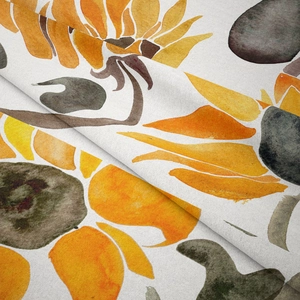 Close-up of artistic sunflower tapestry fabric showing soft texture and draped details