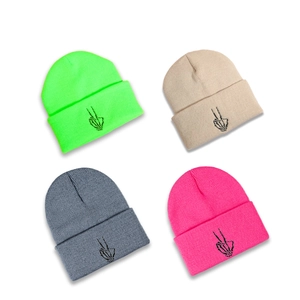Trend knit beanie hats with skull hand embroidery in neon green, beige, grey, and pink