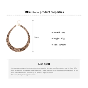 Detailed size chart for the leopard print geometric choker showing iron material and weight