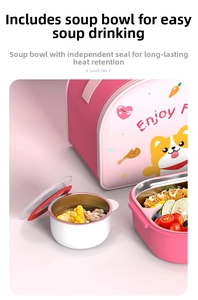 Pink thermal lunch bag with a cartoon corgi and a two-grid stainless steel food container