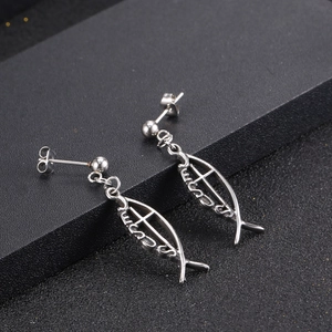 Silver titanium steel Ichthys earrings with hollow Jesus and cross drop design