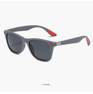 Detail view of sport sunglasses with grey matte frame and anti-slip red rubber accents