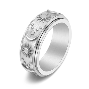 Titanium steel spinner ring for men with sun moon star relief patterns in silver color