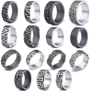Vintage Stainless Steel Rings For Men Women Punk Industrial Texture Pattern Band Ring Gothic Jewelry Cross Tree Bark