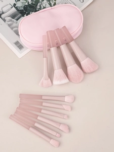 Set di pennelli da trucco rosa con setole sfumate e custodia coordinata con cerniera