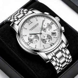 Elegant men's stainless steel watch with white dial, luminous hands and calendar