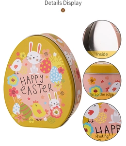 Detailed view of Easter rabbit egg-shaped tin box featuring inner metal texture and prints