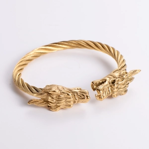 Double Dragon Head Bracelet 18K Gold Plated Stainless Steel Twisted Cable Wire Open Adjustable Punk Vintage Jewelry