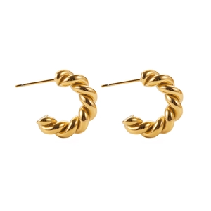Classic 18K gold plated stainless steel twisted C-shape hoop earrings on white background
