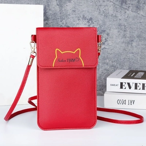 Women Mini PU Leather Crossbody Phone Bag Korean Sweet Fashion Touch Screen Window Cat Ear Pattern Flap Cover Wallet Small Bag
