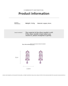 Detailed chart showing pink zircon tassel earrings dimensions 6cm by 1.6cm and materials