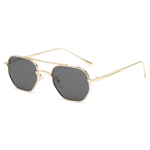 Modern double bridge gold metal frame sunglasses with gradient lenses in a 45-degree side view