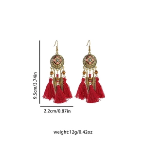 Detail showing dimensions of red tassel earrings with vintage metal parts and gold leaves