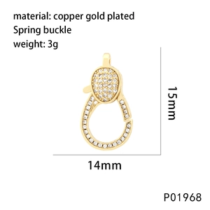 Copper gold-plated lobster clasp with cubic zirconia and dimension details, 15mm by 14mm