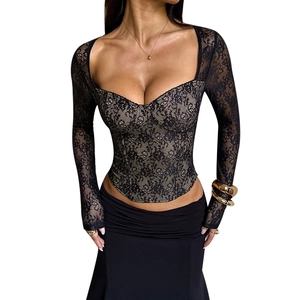 Eng anliegendes schwarzes Spitzen-Langarm-T-Shirt für Damen mit tiefem V-Ausschnitt