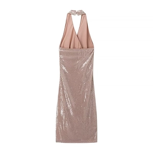 Detailed back view of pink sequin halter dress showing cross straps and open back design