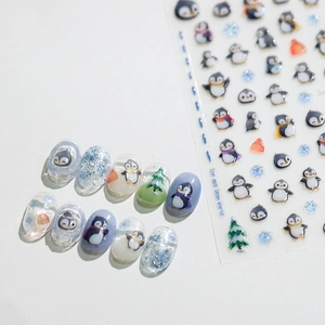 Autocollants Ongles Relief 3D Hiver Pingouin Mignon Flocons Neige Auto-adhésifs PET Gelée Colle Décoration Manucure DIY