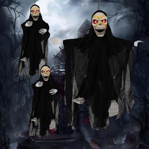 Scary Halloween hanging ghosts with glowing red eyes and tattered black robes for haunted decor