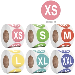 Roll of 500 color-coded 1 inch clothing size stickers labels for XS S M L XL XXL