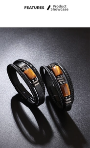 Detail showing multi-layer braided leather bracelet with tiger eye stones and magnetic clasp