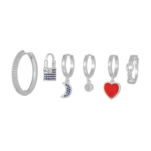 6-piece silver earring set with blue zircon moon and red enamel heart charms