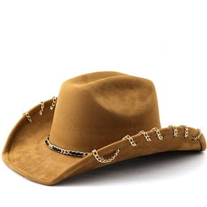 Western Cowboy Hat Suede Wide Brim With Gold Metal Chain Punk Rock Vintage Style Fedora For Men Women