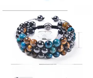 Detail of 8mm tiger eye stone beads and braided cord with adjustable clasp for men