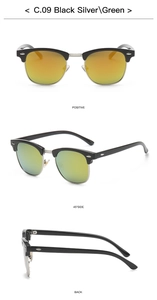 Detailansicht der Clubmaster-Sonnenbrille mit schwarz-silbernem Rahmen und grünen Gläsern