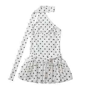 Schickes schwarzes Polka-Dot-Neckholder-Minikleid mit asymmetrischer Schulter und Schleife