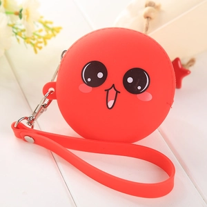 Cute red silicone mini coin purse with cartoon face, wrist strap and metal hook